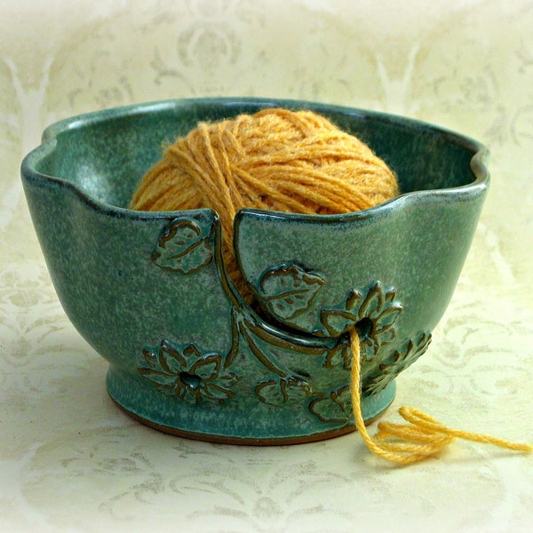 Yarn Bowl in Aqua with Ruffled Rim and Raised Floral Design