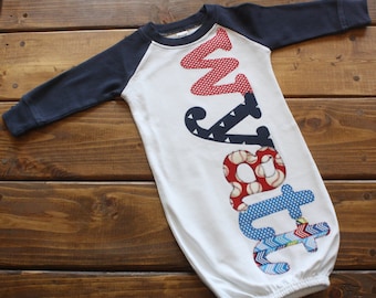 Personalized Newborn Gown Boy, Hospital Going Home Outfit, Baby Boy Gift, Baseball Theme Baby Shower Gift, Newborn Outfit, Top Knot Baby Hat