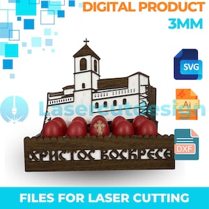 May include: A wooden Easter egg holder with a church silhouette and the text "DIGITAL PRODUCT 3MM". The holder contains red eggs, one with a gold cross. The base has the Cyrillic text "ХРИСТОС ВОСКРЕСЕ".