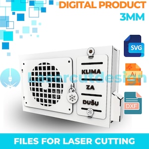 May include: A white laser-cut design of an air conditioning unit with the text "KLIMA ZA DUŠU". The design includes a circular vent, a snowflake lock, and the words "DIGITAL PRODUCT" and "FILES FOR LASER CUTTING".