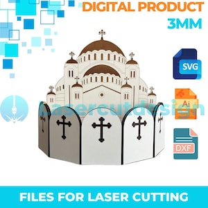Może przedstawiać: Wycinany laserowo drewniany model kościoła z kopułą i wieloma krzyżami. Model jest biało-brązowy, z podstawą w kształcie ogrodzenia z czarnymi krzyżami. Obraz zawiera tekst "PRODUKT CYFROWY" i "PLIKI DO CIĘCIA LASEREM".