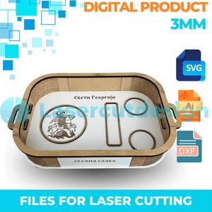 Könnte beinhalten: Ein Holztablett mit weißem Innenraum, das ein kreisförmiges Emblem eines Ritters zu Pferd zeigt. Das Tablett enthält ausgeschnittene Formen und den Text "DIGITAL PRODUCT 3MM" und "FILES FOR LASER CUTTING". Enthält SVG-, AI- und DXF-Dateisymbole.