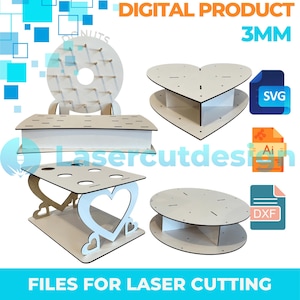 Pode incluir: Uma coleção de suportes de exibição de madeira cortados a laser em várias formas, incluindo um coração, um círculo e um design em forma de donut. Os suportes são mostrados em formato de produto digital, com o texto "DIGITAL PRODUCT" e "FILES FOR LASER CUTTING".