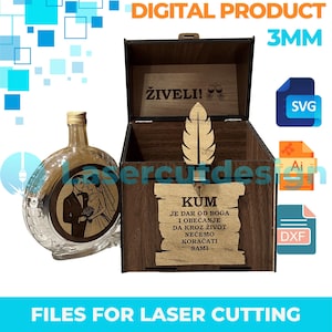 Könnte beinhalten: Eine Holzkiste mit Federdesign und dem Wort "KUM" eingraviert, zusammen mit einer Glasflasche mit einem Hochzeits-Paar-Design. Der Text "ŽIVELI!" befindet sich auf dem Deckel der Box. Digitale Produktdateien für den Laserschnitt werden ebenfalls angezeigt.
