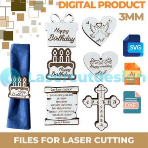 Pode incluir: Uma coleção de decorações de madeira cortadas a laser, incluindo formas de bolo de aniversário e caixa de presente, desenhos em forma de coração com pombas e uma cruz. Os desenhos apresentam as palavras "Happy Birthday" e "Happy Wedding".