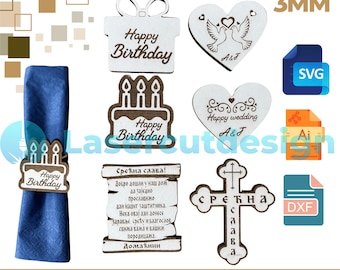 Modelli per anelli per tovaglioli tagliati al laser: matrimonio, compleanno, Slava SVG DXF AI (3 mm)
