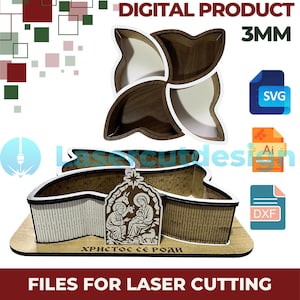 Puede incluir: Un diseño de corte láser de madera, que presenta una bandeja con una parte superior de cuatro secciones y una base con una escena de la natividad. El diseño incluye el texto "DIGITAL PRODUCT 3MM" y "FILES FOR LASER CUTTING".
