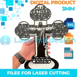 Our Father Prayer In The Shape Of A Cross 2  With A Base and Our Father Prayer For The Wall - Files for Laser Cutting , SVG,DXF,AI Files 3mm