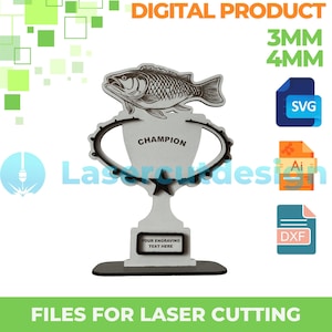 May include: A digital download of a laser cut trophy design featuring a fish and the word "CHAMPION". The design is available in SVG, AI, and DXF formats for use with laser cutting software. The trophy is designed for use with 3mm or 4mm thick material.