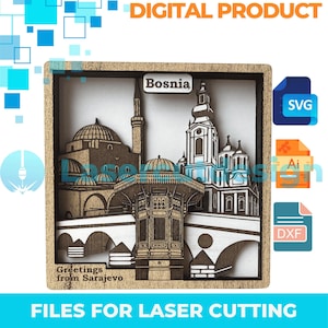 Może przedstawiać: Drewniany projekt wycinany laserowo przedstawiający zabytki architektury Bośni, w tym meczet i fontannę. Projekt jest oprawiony i zawiera tekst "Bosnia" i "Greetings from Sarajevo". Dostępne pliki produktów cyfrowych.