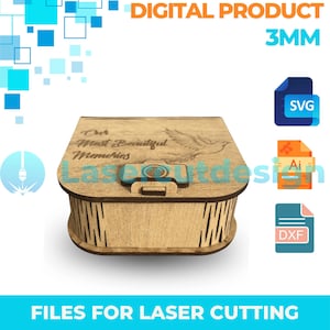 May include: A wooden laser-cut box with the text "Our Most Beautiful Memories" and a dove design on the lid. The box has a blue clasp and is labeled "DIGITAL PRODUCT 3MM" with file type icons for SVG, AI, and DXF.