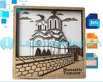 Puede incluir: Obra de arte de corte láser de madera de una iglesia con el texto "Manastir Tumane". La obra de arte está enmarcada en un borde de madera e incluye el texto "DIGITAL PRODUCT" y "FILES FOR LASER CUTTING".
