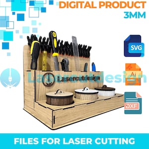 Może przedstawiać: Drewniany organizer wycinany laserowo z przegródkami na narzędzia i przechowywanie. Organizer mieści śrubokręty, zaciski i inne narzędzia. Projekt obejmuje trzy okrągłe pojemniki z pokrywkami. Tekst na zdjęciu brzmi "DIGITAL PRODUCT 3MM" i "FILES FOR LASER CUTTING."