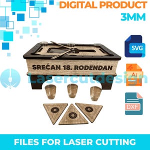 Puede incluir: Un tablero de juego de madera con el texto "SREĆAN 18. ROĐENDAN" grabado en la parte delantera. El tablero de juego está diseñado para jugar a un juego de beber con vasos de chupito y un palo de madera. El tablero de juego tiene un grosor de 3 mm y viene con archivos digitales para corte por láser en formatos SVG, AI y DXF.