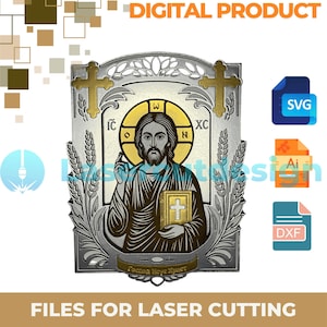 Puede incluir: Un icono religioso plateado y dorado que representa a Jesucristo sosteniendo un libro con una cruz. El icono tiene un borde decorativo con espigas de trigo y cruces. El texto "DIGITAL PRODUCT" y "FILES FOR LASER CUTTING" son visibles.