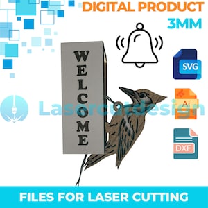 Puede incluir: Un letrero de bienvenida de madera cortado con láser con un diseño de pájaro. El letrero muestra la palabra "WELCOME" en negrita. La imagen también incluye iconos de productos digitales y el texto "DIGITAL PRODUCT" y "FILES FOR LASER CUTTING".