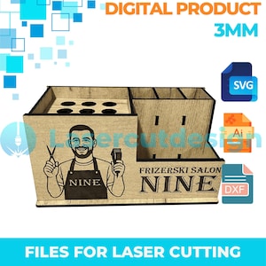 Puede incluir: Organizador de madera para barbería, con compartimentos para herramientas. El diseño incluye un gráfico de barbero con tijeras y recortadora, con el texto "NINE" y "FRIZERSKI SALON NINE". La imagen también incluye el texto "DIGITAL PRODUCT 3MM" y "FILES FOR LASER CUTTING".