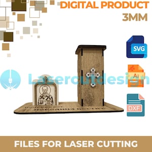 May include: Digital download of laser cutting files for a wooden icon stand with a cross and a small icon of a saint. The files are available in SVG, AI, and DXF formats. The stand is 3mm thick.