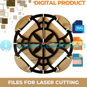 Modern Geometric Wall Clock  - Laser Cut Files Pattern | DXF, SVG, AI Templates For Wood Decor