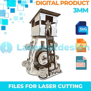 May include: A digital design for laser cutting, depicting a hunting blind with a figure, a bottle, and shot glasses. The design includes the text "DIGITAL PRODUCT 3MM" and "FILES FOR LASER CUTTING".