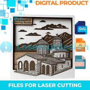 May include: A layered wooden art piece featuring a church with intricate architectural details, set against a backdrop of mountains and clouds. The text "Manastir Svetog Nauma" is visible. The image also includes the text "DIGITAL PRODUCT" and "FILES FOR LASER CUTTING".