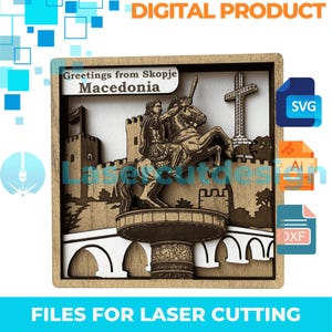 Könnte beinhalten: Lasergeschnittene Holzkunst mit einer Statue eines Mannes auf einem Pferd, einem Kreuz und einer Brücke, mit dem Text "Greetings from Skopje Macedonia". Das gerahmte Kunstwerk enthält auch den Text "DIGITAL PRODUCT" und "FILES FOR LASER CUTTING."