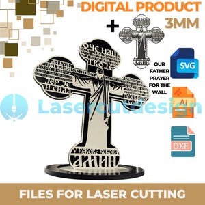 May include: Digital download of a laser cut file for a 3mm thick wooden cross with the Our Father prayer in Russian. The cross features a silhouette of Jesus Christ with the words "Our Father" in Russian at the top and "In the name of the Father, the Son, and the Holy Spirit" in Russian at the bottom. The file is available in SVG, AI, and DXF formats.