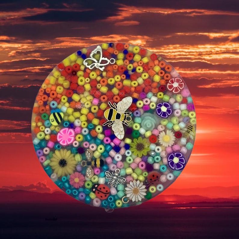 May include: A round, clear resin piece filled with colorful beads, flowers, and insect charms. The design includes a butterfly, bee, ladybug, and daisy. The background is a sunset.