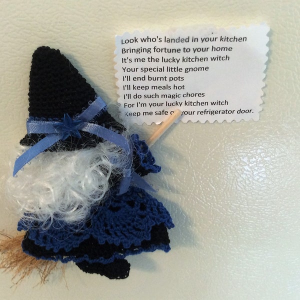 Blue and Black Crocheted Kitchen Witch Broom Doll Fridgie