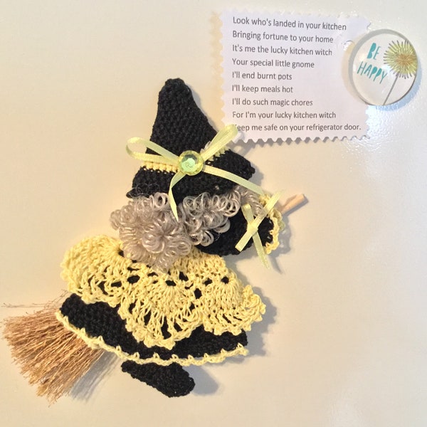 Yellow and Black Crocheted Kitchen Witch Broom Doll Fridgie