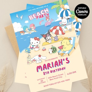Kitty-Strand-Party Einladung | Geburtstag Evite Leinwand | Kawaii Sommer Schwimmen Einladungskarte | Druckbare Vorlage | Bearbeitbarer Download