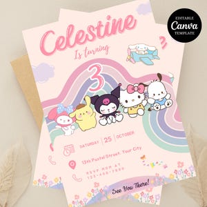 Invito di compleanno per gattini, invito di compleanno modificabile, invito di compleanno per bambine rosa, invito digitale per gattini carini, scarica il modello Canva