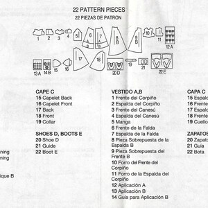 Peut inclure: Une feuille de patron de couture imprim&eacute;e avec diverses pi&egrave;ces de v&ecirc;tements et une liste num&eacute;rot&eacute;e correspondante. Le patron comprend des mod&egrave;les de robe, de cape et de chaussures, avec du texte en anglais et en espagnol.