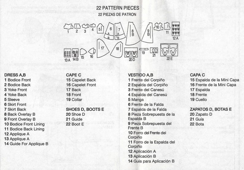 Peut inclure: Une feuille de patron de couture imprim&eacute;e avec diverses pi&egrave;ces de v&ecirc;tements et une liste num&eacute;rot&eacute;e correspondante. Le patron comprend des mod&egrave;les de robe, de cape et de chaussures, avec du texte en anglais et en espagnol.