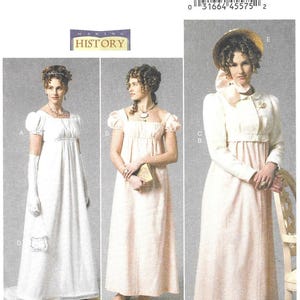 May include: Butterick sewing pattern B6074 for empire-waist dresses with short puff sleeves or long sleeves, featuring a high waistline, floor-length skirts, and optional accessories like a small handbag, a straw hat, and a cropped jacket.