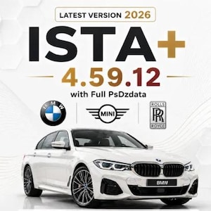 Könnte beinhalten: Ein weißer BMW-Limousine mit schwarzen Felgen ist abgebildet. Der Text "ISTA+ 4.59.12" ist über dem Auto zu sehen, zusammen mit den Logos von BMW, MINI und Rolls-Royce. Der Text "LATEST VERSION 2026" ist ebenfalls vorhanden.