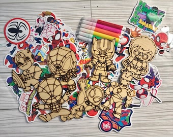 May include: A collection of superhero-themed stickers and wooden cutouts, including Spider-Man, Captain America, and Hulk. Several colorful markers are also present. The wooden cutouts have a wood-burned design. The Hulk sticker reads "Hulk Smash!"