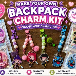 May include: A DIY backpack charm kit with the text "MAKE YOUR OWN BACKPACK CHARM KIT". The kit includes character charms, beads, stickers, and tattoos. The image shows several finished charms with different character designs and color schemes.