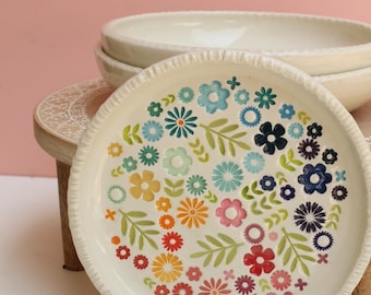 colorful stamped dish  //folk flower shallow porcelain bowl