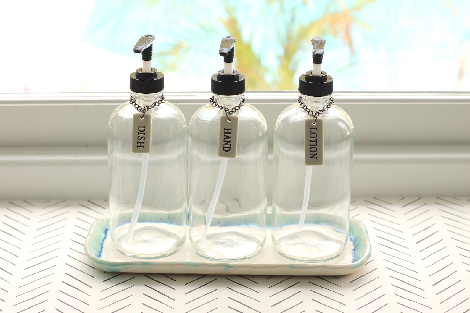 Refillable glass bottle pump with label // ceramic label and Etsy