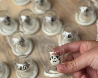 Mini Shrunken Head Glass Cloche: Porcelain Base, Halloween Decor