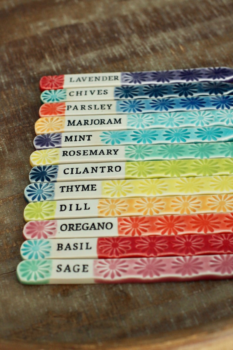 May include: A set of 12 ceramic plant markers with a daisy pattern. Each marker is labeled with a different herb name: Lavender, Chives, Parsley, Marjoram, Mint, Rosemary, Cilantro, Thyme, Dill, Oregano, Basil, and Sage.
