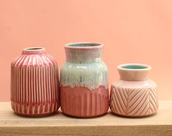 Handmade Porcelain Bottle Vase, Wheel Thrown Bud Vase – Carved Glazed Ceramic Home Decor