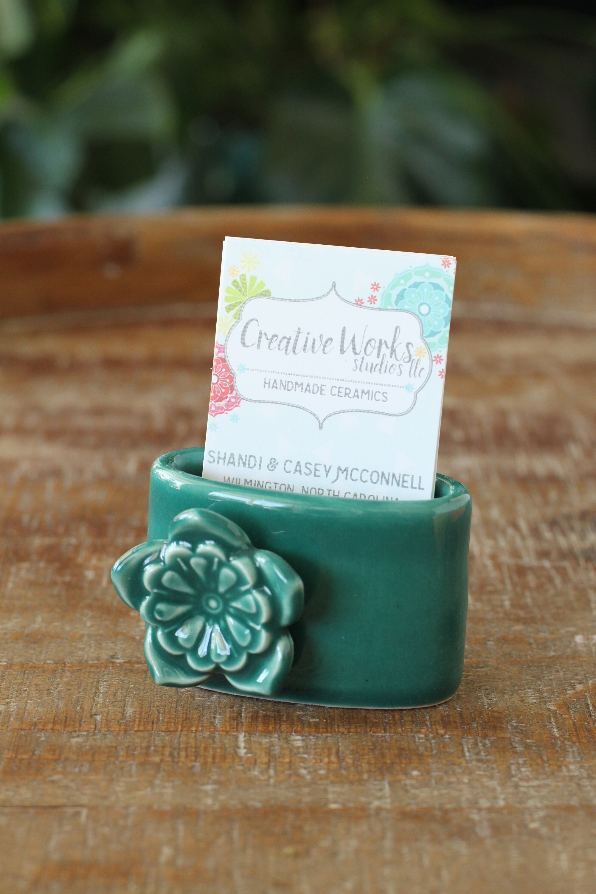 Business Card Holder For Desk Dark Green With Flower