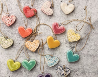 HANGING chunky hearts, choose your favorite// porcelain heart// colorful decor// ceramic heart