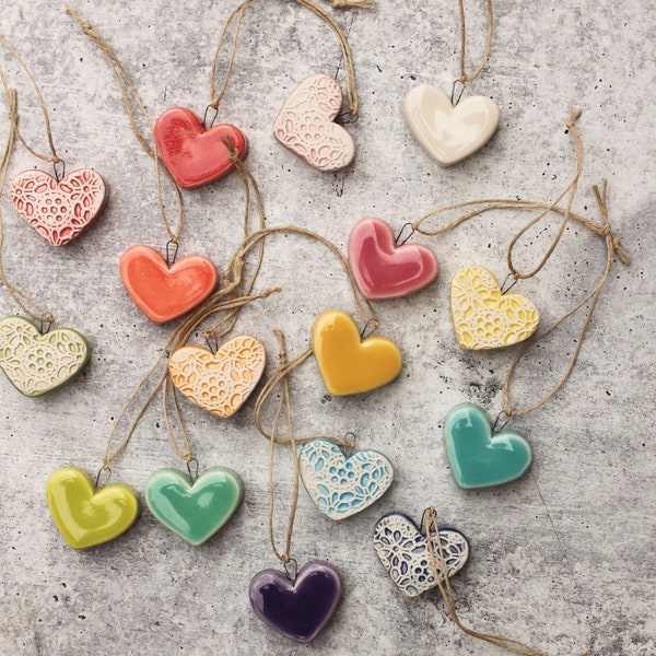 HANGING chunky hearts, choose your favorite// porcelain heart// colorful decor// ceramic heart