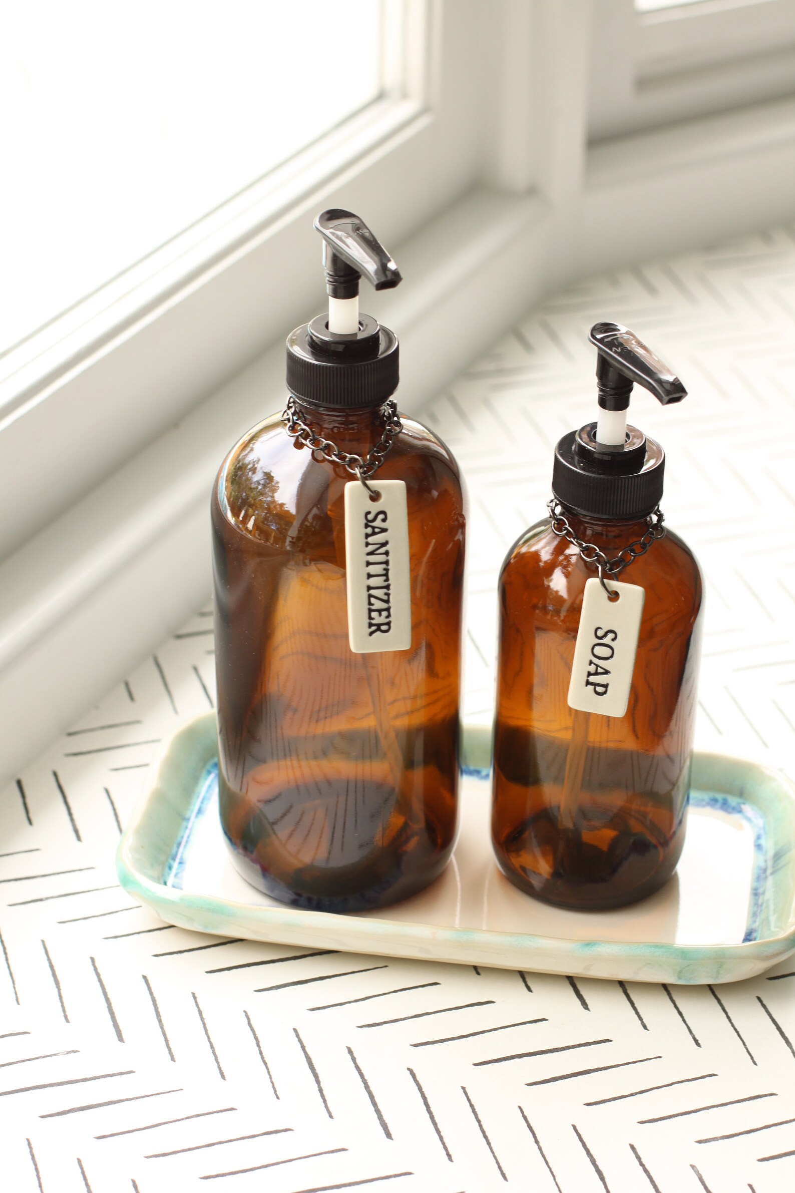 Refillable glass bottle pump with label // ceramic label and Etsy