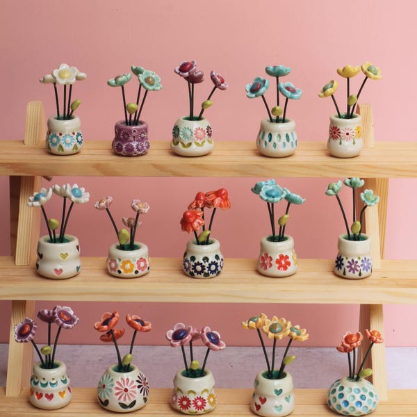 Miniature Porcelain Flower Vase, Handmade Ceramic Pot with Flowers