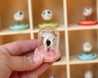 Mini Shrunken Head Glass Cloche: Porcelain Base, Halloween Decor