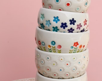 Small Stamped Porcelain Bowl, Colorful Floral Design, Handmade Pottery Dish